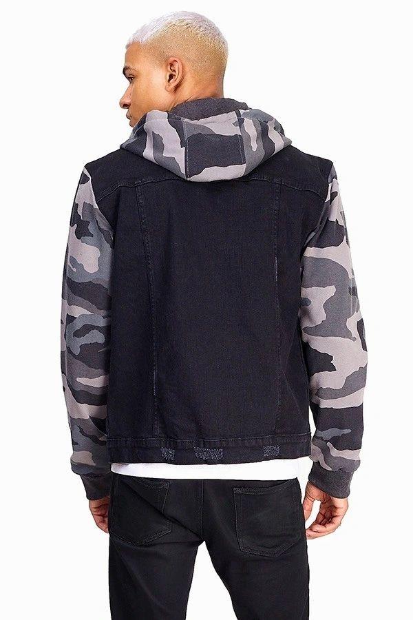 Grey Camo Hood & Sleeve Detail Denim Jacket