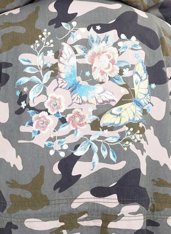 Floral Print Back Hooded Camouflage Parka