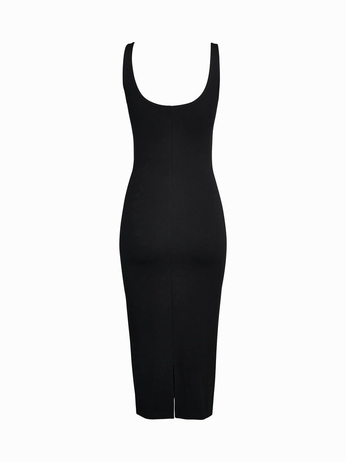Ladies Sleeveless Plain Stretch Scoop Neckline Bodycon Midi Black Dress