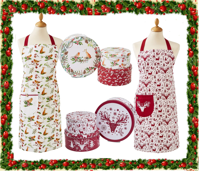 Cooksmart 100% Cotton Christmas Apron with matching Cake Biscuits Storage Tins