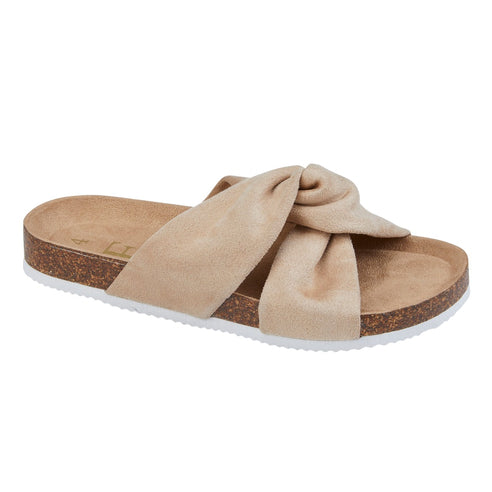 Ladies Light Flat Slip On Mules Fabric Knotted Crossover Strap Flip Flop Sandals - Ancona Beige