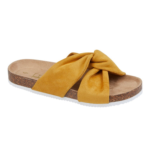 Ladies Light Flat Slip On Mules Fabric Knotted Crossover Strap Flip Flop Sandals - Ancona Mustard