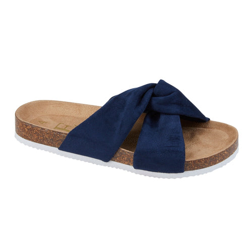 Ladies Light Flat Slip On Mules Fabric Knotted Crossover Strap Flip Flop Sandals - Ancona Navy