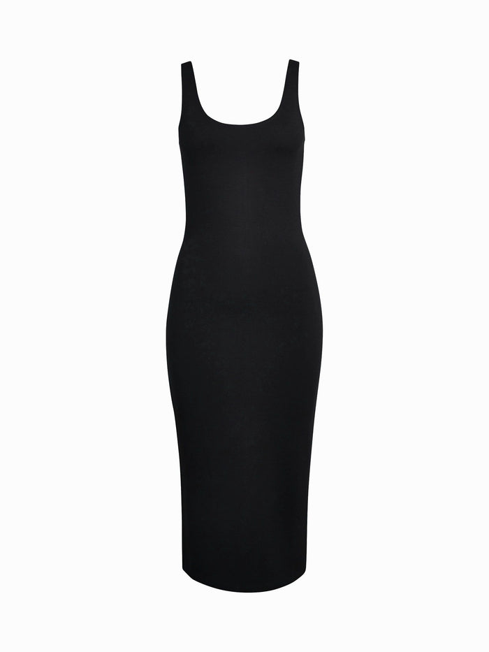 Ladies Sleeveless Plain Stretch Scoop Neckline Bodycon Midi Black Dress