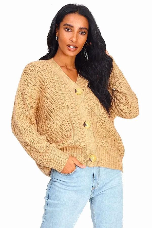 Large Cable Knit Detailed Button Through Cardigan