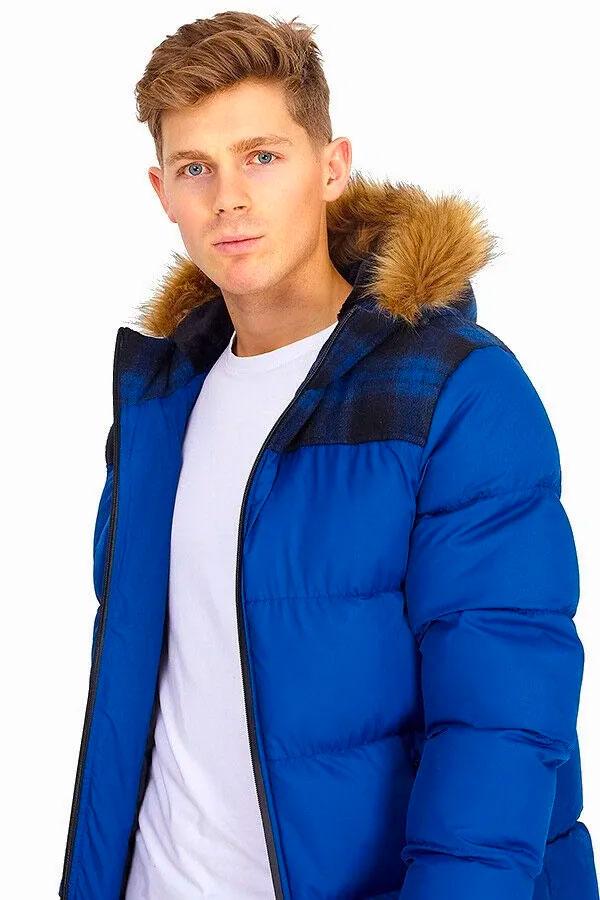 Faux Fur Hood Detail Checked Panel Puffer Jacket