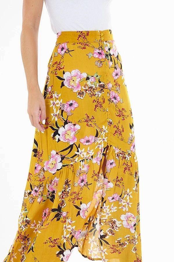 Yellow Floral Print Frill Detail Maxi Skirt