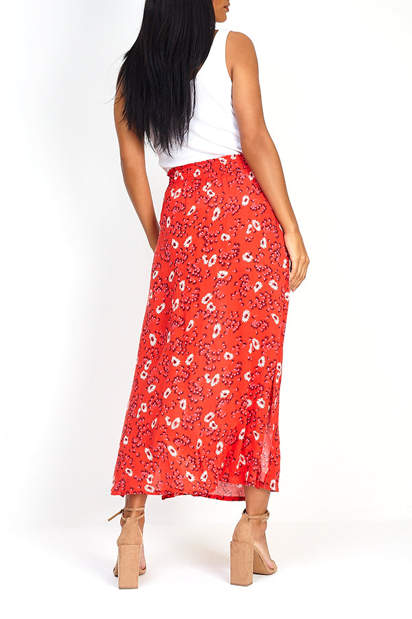 Red Floral Print Maxi Skirt