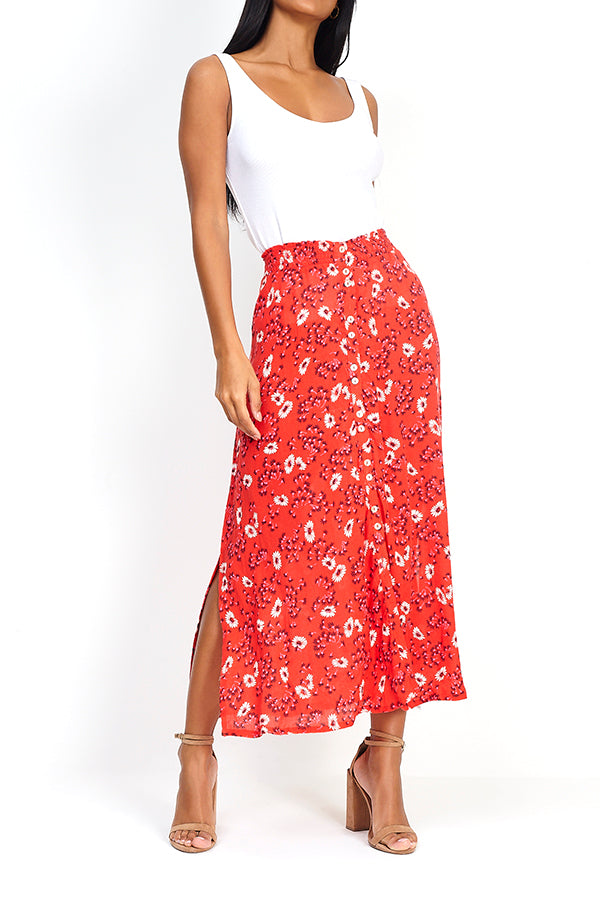 Red Floral Print Maxi Skirt