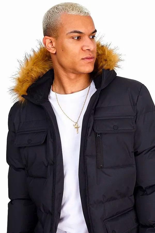 Hooded Faux Fur Detail Padded Parka Warm Jacket - Black