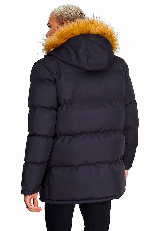 Hooded Faux Fur Detail Padded Parka Warm Jacket - Black