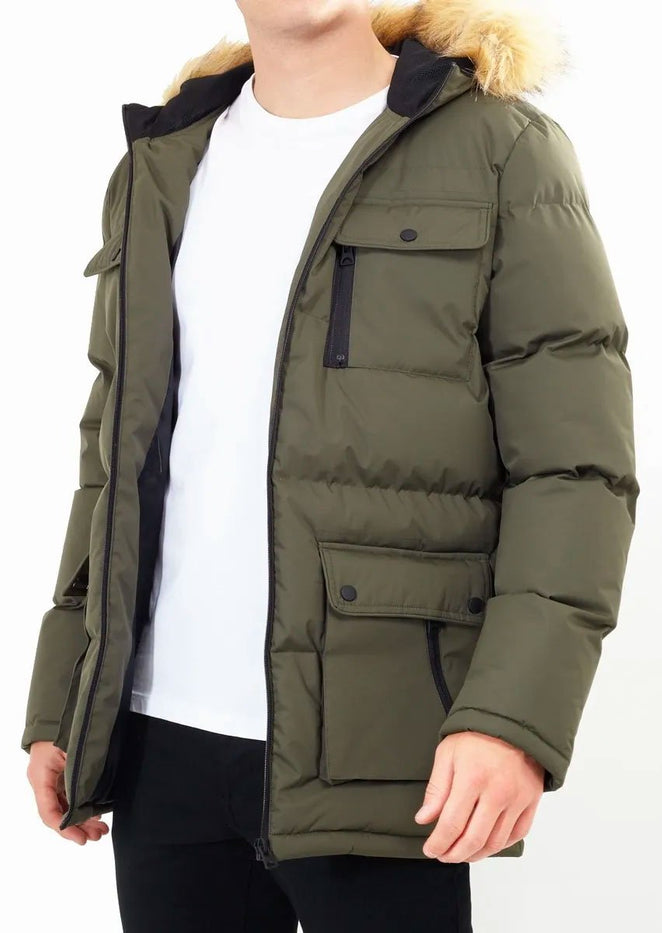 Hooded Faux Fur Detail Padded Parka Warm Jacket - Khaki