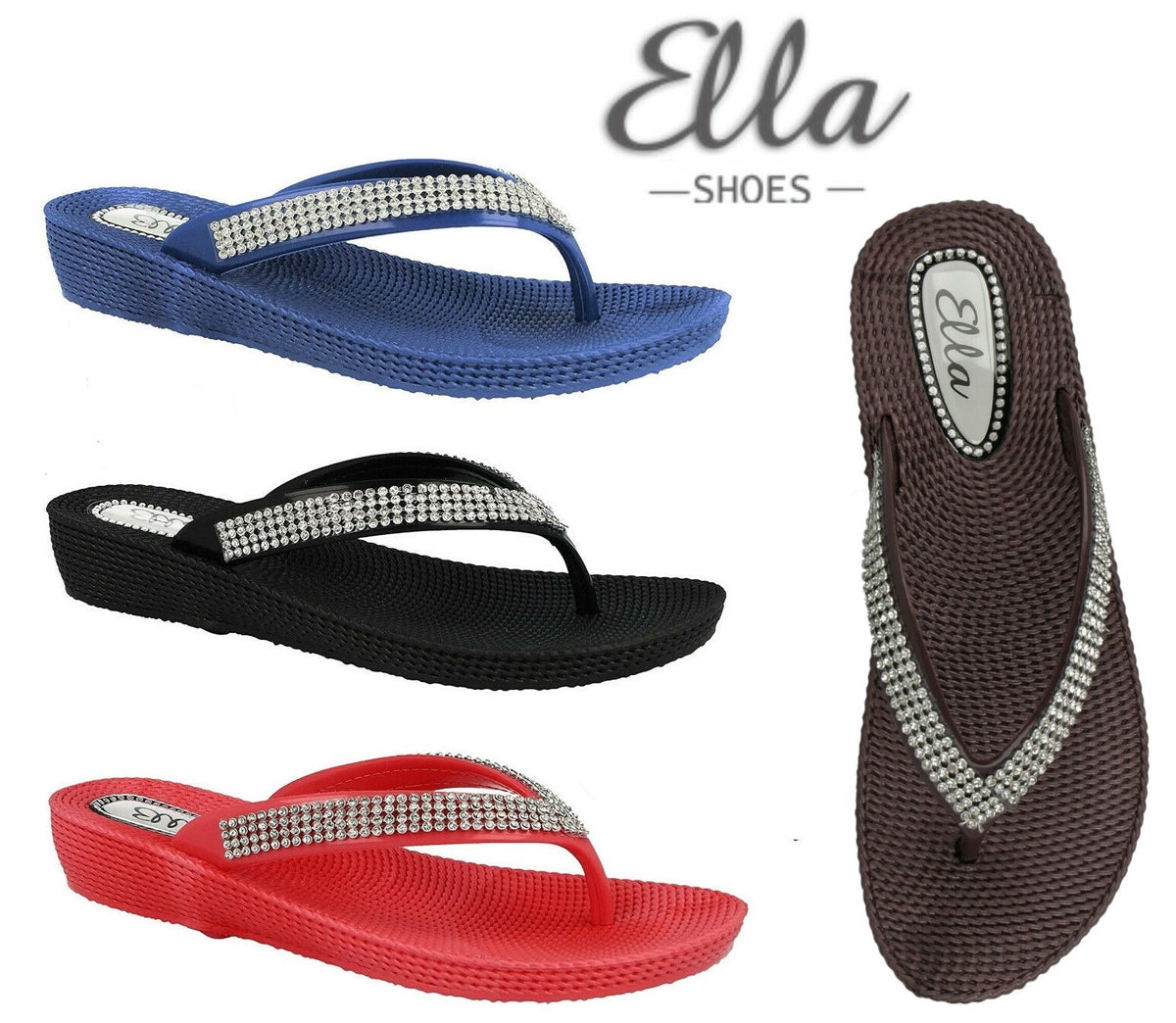 Ladies Diamante Low Wedge Flip Flops - Ella Shoes