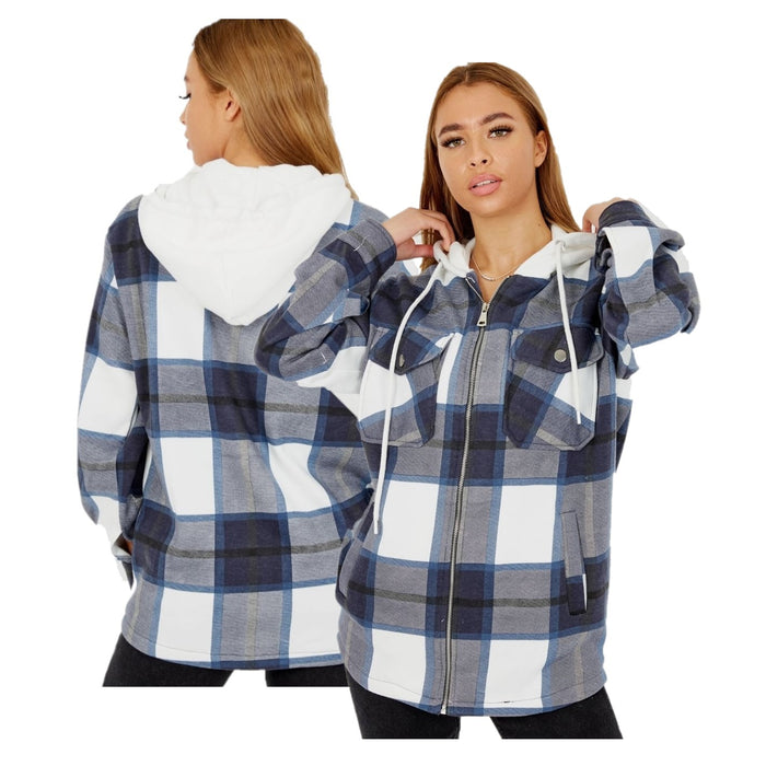 Thick Checkered Shacket With Zip & Hood - Navy
