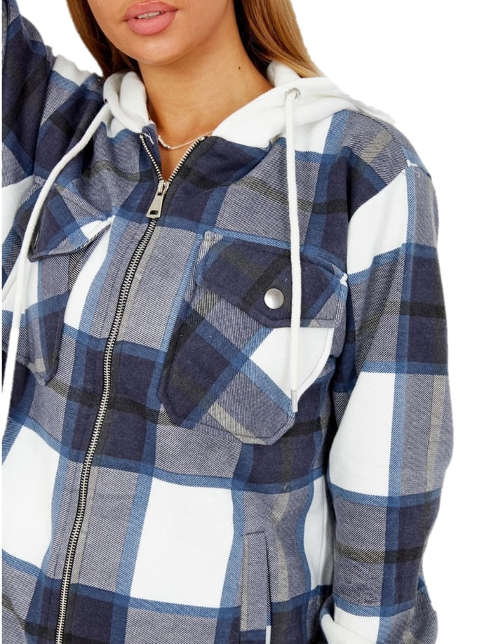 Thick Checkered Shacket With Zip & Hood - Navy